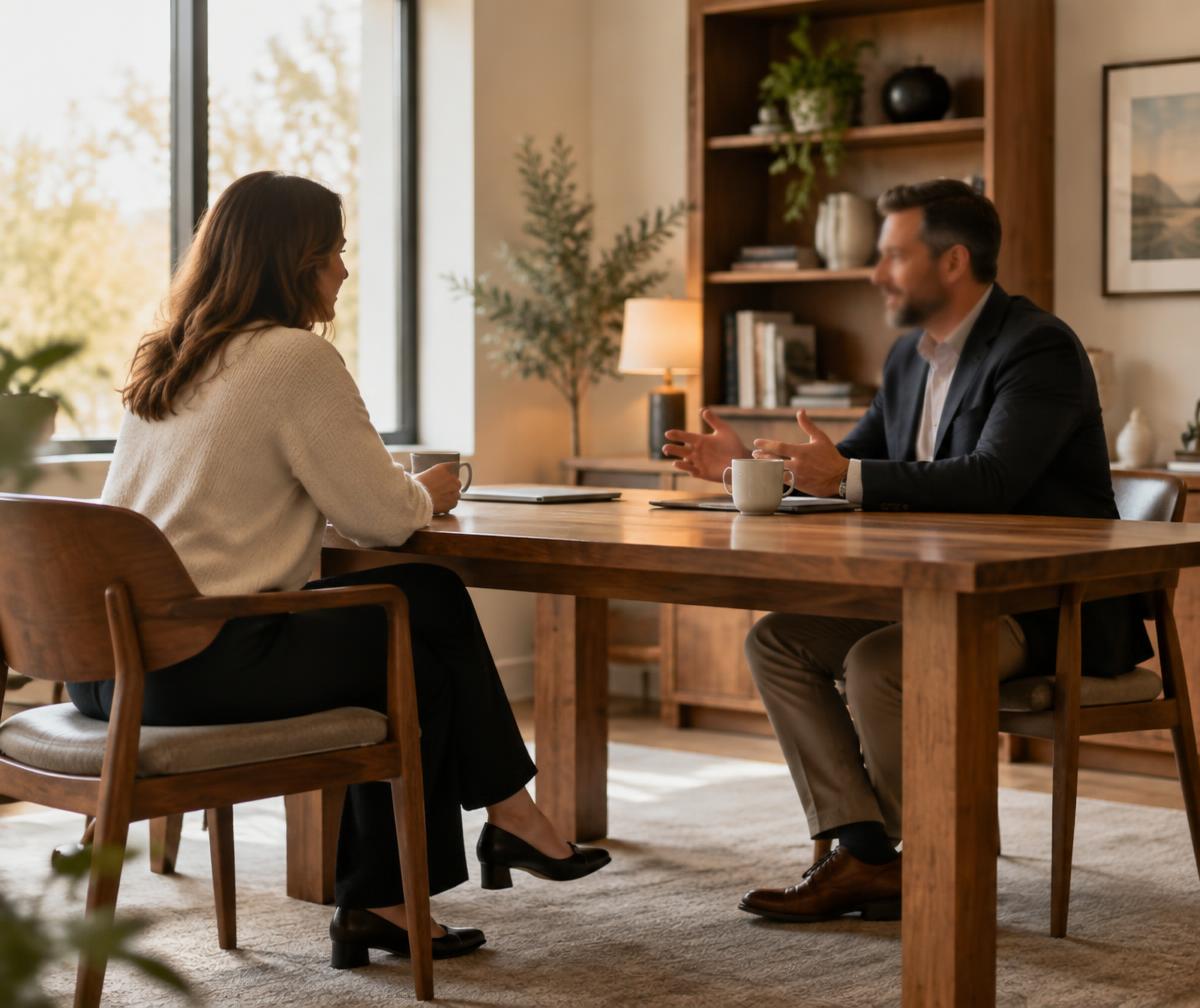 Conversa em uma mesa de atendimento, em ambiente acolhedor