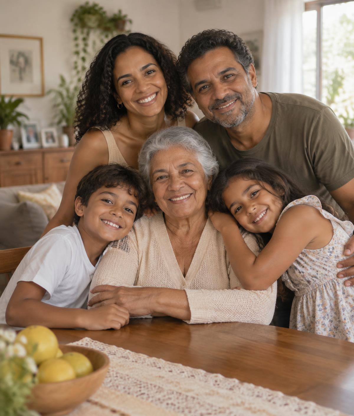 Família reunida em casa, em uma cena acolhedora